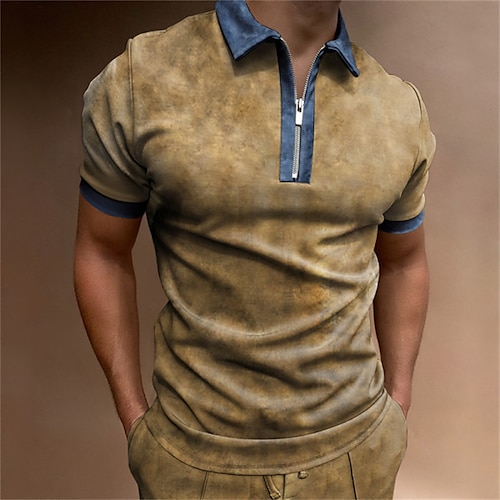 

Men's Shirt Solid Colored Turndown Street Casual Zipper Short Sleeve Tops Casual Fashion Breathable Comfortable Yellow