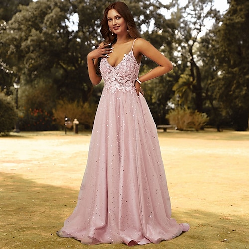 

A-Line Prom Dresses Plus Size Dress Wedding Guest Sweep / Brush Train Sleeveless V Neck Tulle with Appliques Pure Color 2022