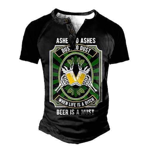

Men's Henley Shirt Tee T shirt Tee 3D Print Graphic Beer Plus Size Henley Daily Sports Patchwork Button-Down Short Sleeve Tops Basic Casual Classic Designer Black