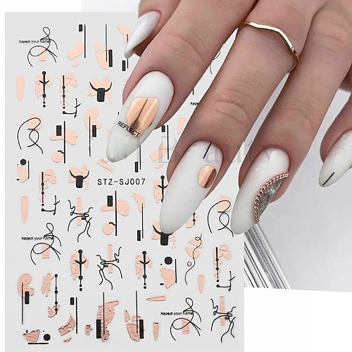 

9 pcs 3D Holographic Rose Gold Nail Design 2022 Abstract Line Geometry French Manicure Decals Nail Art Sticker Foils Accessory