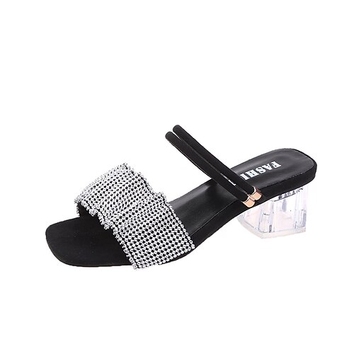 

Women's Sandals Puffy Sandals Rhinestone Chunky Heel Round Toe Classic Daily Walking Shoes PU Leather Loafer Spring Summer Black