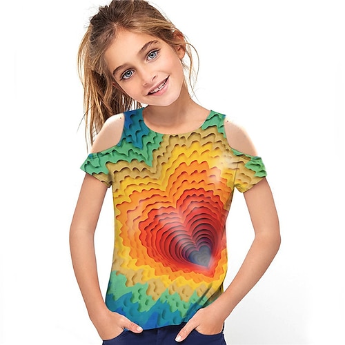 

Kids Girls' T shirt Heart Outdoor 3D Print Short Sleeve Hollow Out Active 3-12 Years Spring Rainbow