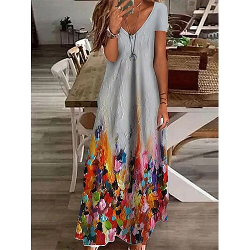 

Women's Casual Dress Shift Dress Long Dress Maxi Dress Blue Yellow Red Short Sleeve Color Gradient Pocket Spring Summer V Neck 2022 S M L XL XXL 3XL