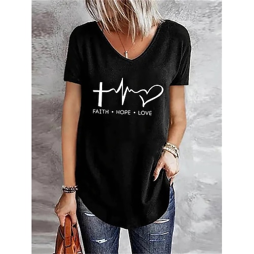 

Women's T shirt Heart Print V Neck Basic Tops Green Blue Black