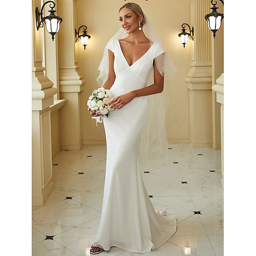 

Mermaid / Trumpet Wedding Dresses V Neck Sweep / Brush Train Matte Satin Cap Sleeve Romantic Sexy Luxurious with Draping Solid Color 2022