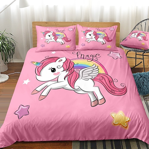 

Unicorn Pattern 3-Piece Duvet Cover Set Hotel Bedding Sets Comforter Cover with Soft Lightweight Microfiber, Include 1 Duvet Cover, 2 Pillowcases (1 Pillowcase for Twin/Single)