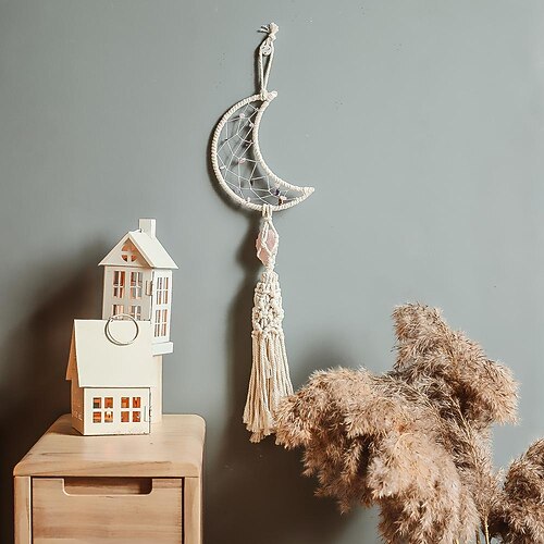 

Moon Dream Catcher Handmade Gift Woven Feather Hook Flower Wind Chimes Ornament Wall Hanging Decor Art Boho Style Home Crafts Decorative 1555CM