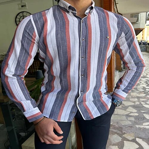 

Homme Chemise Chemise boutonnée Chemise à col Gris manche longue Rayé Col rabattu Eté Printemps Mariage Extérieur Vêtement Tenue Bouton bas