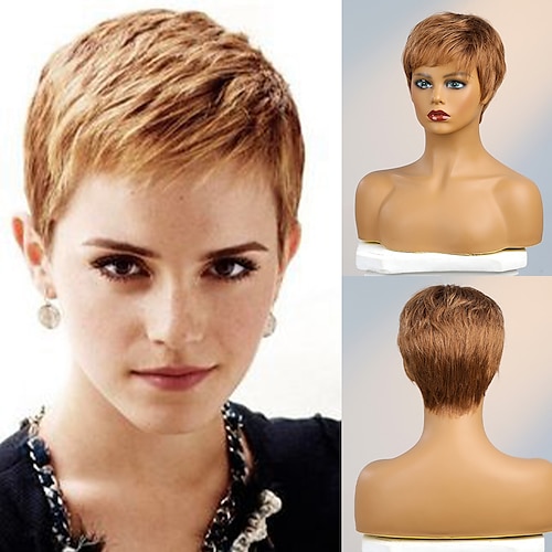 

Human Hair Blend Wig Short Natural Straight Pixie Cut Side Part Layered Haircut Asymmetrical Blonde Black Brown Cosplay Curler & straightener Natural Hairline Capless Brazilian Hair Women's All