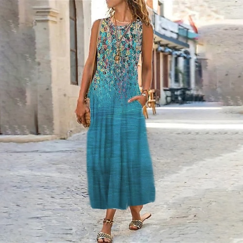 

Women's Shift Dress Maxi long Dress Green Blue Light Blue Sleeveless Floral Color Gradient Print Spring Summer U Neck Casual Vacation 2022 S M L XL XXL 3XL