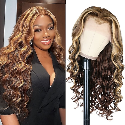 

Ombre Highlight 13x4 Lace Front Human Hair Wig Body Wave Honey Blonde #TL412 Piano Color 10A Brazilian Virgin Human Hair Wig Pre Plucked with Baby Hair for Black Women 150% Density