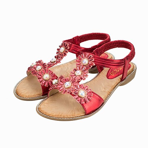 

Women's Sandals Boho Bohemia Beach Sparkly Sandals Rhinestone Flat Heel Round Toe Open Toe Elegant Casual Party Beach PU Leather Elastic Band Spring Summer Solid Colored Black Red