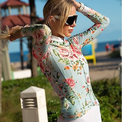 

21Grams Women's Cycling Jersey Long Sleeve Bike Jersey Top with 3 Rear Pockets Mountain Bike MTB Road Bike Cycling Fast Dry Breathable Quick Dry Moisture Wicking White Green Rosy Pink Floral Botanical