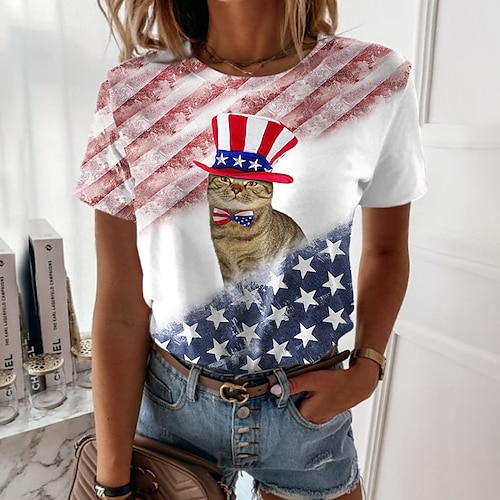 

Women's Casual Weekend Independence Day Painting T shirt Tee Cat Stars and Stripes Short Sleeve Print Round Neck Basic Tops Red S / 3D Print