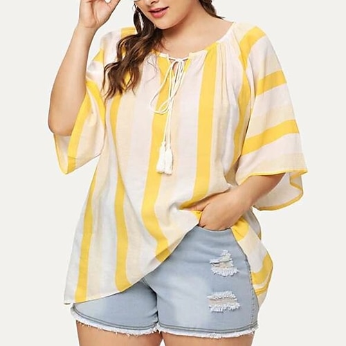 

Women's Plus Size Tops Blouse Shirt Striped 3/4 Length Sleeve Round Neck Streetwear Daily Going out Polyester Spring Summer Yellow