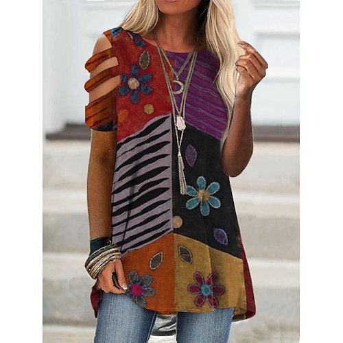 

Women's Daily Geometric T shirt Tee Graphic Short Sleeve Cold Shoulder Print Round Neck Basic Tops Orange S / 3D Print