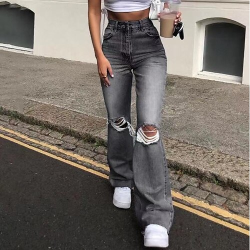 

Women's Pants Trousers Jeans Distressed Jeans Denim Blue Light Blue Grey Mid Waist Fashion Casual Weekend Side Pockets Cut Out Micro-elastic Full Length Comfort Solid Color S M L XL XXL