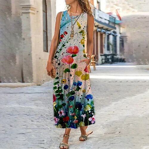 

Women's Shift Dress Maxi long Dress Blue Fuchsia Sleeveless Floral Print Spring Summer U Neck Casual Vacation 2022 S M L XL XXL 3XL