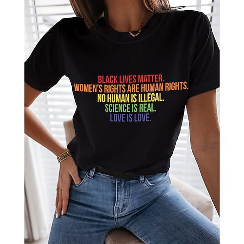 

Women's Painting T shirt Letter Print Round Neck Basic Tops Blue White Black