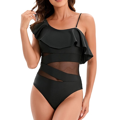 

Women's Swimwear One Piece Monokini Bathing Suits Normal Swimsuit Backless Tummy Control Ruffle Mesh Pure Color Green Black Red Bathing Suits New Stylish Vacation / Modern / Padded Bras