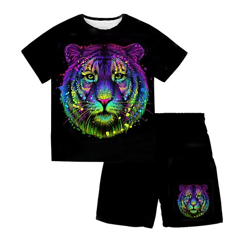 

2 Pieces Kids Boys T-shirt & Shorts Clothing Set Outfit Animal Tiger Short Sleeve Crewneck Set Outdoor Sports Fashion Cool Spring Summer 3-13 Years Black