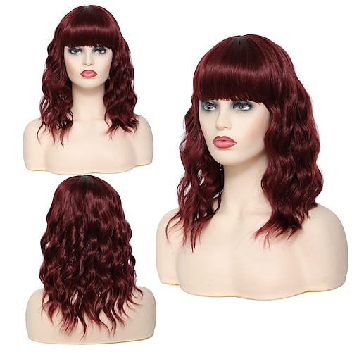 

Red Wigs with Bangs for Women Wavy Short Bob Wigs for Women Lightweight Burgundy Curly Synthetic Shoulder Length Wigs for Daily Using Soft Heat Resistant Fiber Auburn Wigs Natural Looking