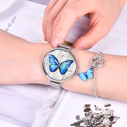 

Fashion Women Blue Butterfly Quartz Watch Dresses Wristwatches With Bracelet 2pcs/Lot