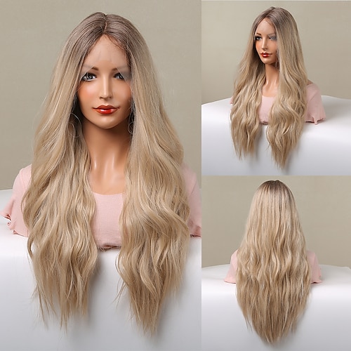 

HAIRCUBE Ombre Golden/Auburn/Brown 26 inch Lace Front Wig Long Water Wavy 1341 T Part Kanekalon Lace Wig With Baby Hair for Woman 180% Density