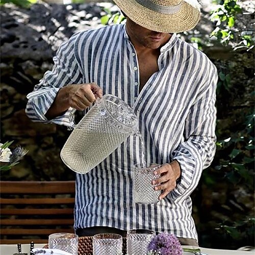 

Men's Shirt Striped Stand Collar Street Casual Button-Down Long Sleeve Tops Casual Fashion Breathable Comfortable Blue / White