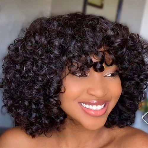 

Human Hair Wig Kinky Curly With Bangs Natural Black Adjustable Easy to Carry Natural Hairline Machine Made Brazilian Hair Women's Natural Black #1B 8 inch 10 inch 12 inch Party / Evening Daily Wear