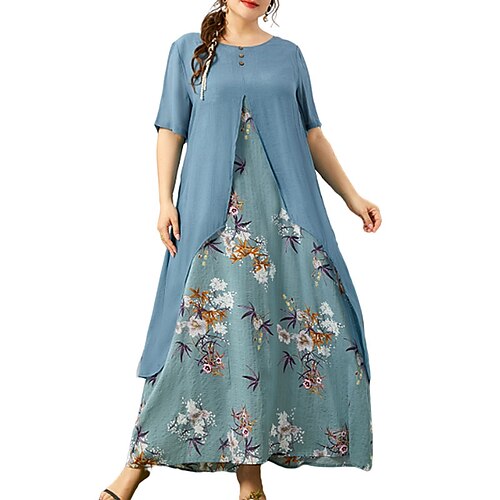 

Women's Plus Size Holiday Dress Floral Crew Neck Print Short Sleeve Spring Summer Casual Maxi long Dress Causal Daily Dress / Cotton / Linen