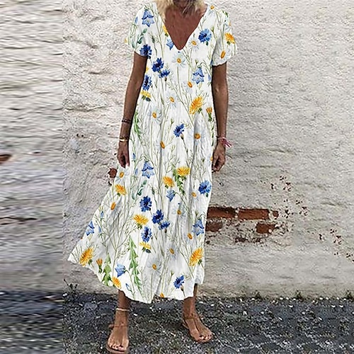 

Damen Casual kleid Etuikleid Weiß Kurzarm Blumen Bedruckt Frühling Sommer V Ausschnitt 2022 S M L XL XXL 3XL