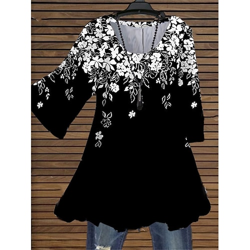 

Women's Plus Size Curve Tops Blouse Shirt Floral Print 3/4 Length Sleeve Crewneck Streetwear Daily Holiday Cotton Spandex Jersey Spring Summer Black
