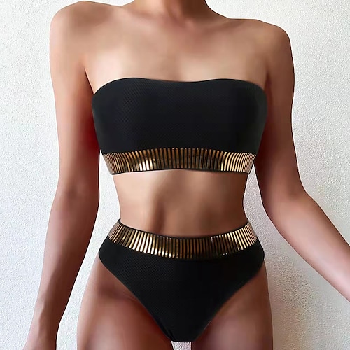 

Women's Swimwear Bikini 2 Piece Normal Swimsuit Backless Sequins High Waisted Color Block Black Bandeau Tube Top Padded Strapless Bathing Suits New Vacation Sexy / Modern / Padded Bras
