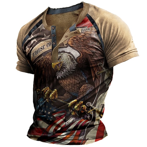 

Men's Henley Shirt T shirt Tee 3D Print Graphic Eagle Henley Street Casual Button-Down Print Short Sleeve Tops Basic Fashion Classic Comfortable Brown