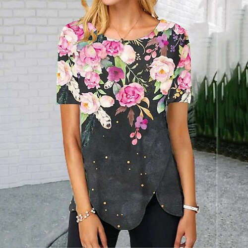 

Women's Casual Weekend Floral Abstract Painting T shirt Tee Floral Graphic Short Sleeve Print Round Neck Basic Tops Green Black Blue S / 3D Print