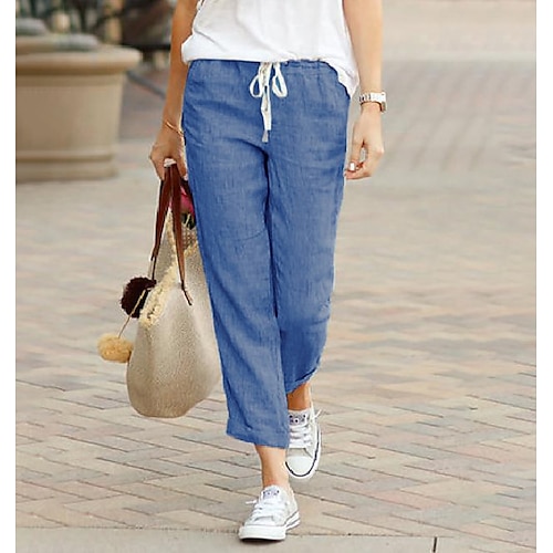 

Women's Cotton Linen Drawstring Elastic Waist Pants With Pockets Casual Loose Trousers Summer Beach Comfy Quick Dry Lightweight Breathable Bottoms