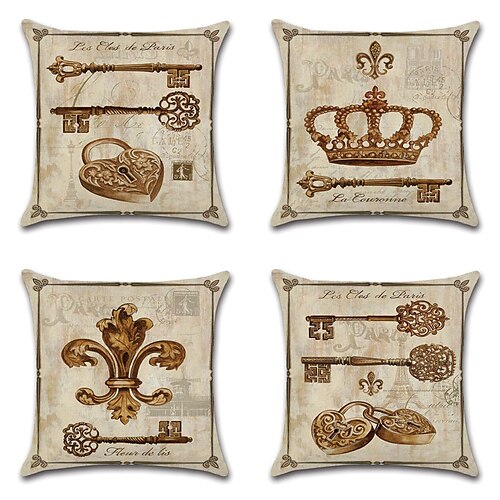 

Vintage Key Double Side Cushion Cover 4PCS Soft Decorative Square Throw Pillow Cover Cushion Case Pillowcase for Sofa Bedroom Superior Quality Machine Washable