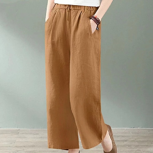 

Women's Plus Size Wide Leg Pants Pocket Solid Color Casual Casual Daily Natural Full Length Fall Spring Black Yellow khaki L XL XXL 3XL 4XL / Linen / Cotton Blend