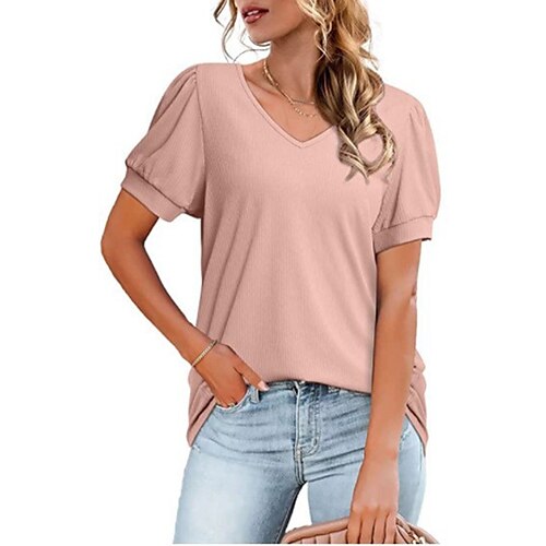 

Women's T shirt Tee Pink Yellow Army Green Plain Short Sleeve Casual Weekend Basic V Neck Regular S