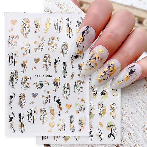 

6 pcs Abstract Geometry Stickers For Nail 3D Laser Gold Black Leaves Heart Line Adhesive Sliders Decor Holographic Decal