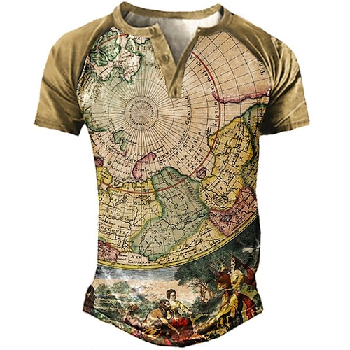 

Men's Henley Shirt Tee T shirt 3D Print Graphic Map Plus Size Henley Daily Sports Patchwork Button-Down Short Sleeve Tops Basic Casual Classic Designer Khaki