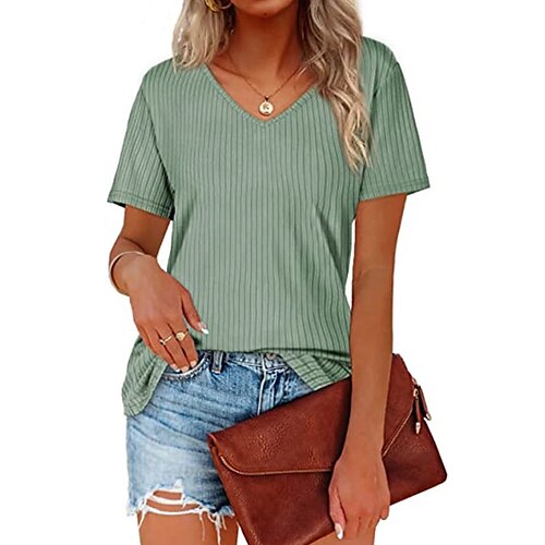 

Women's T shirt Tee Green Blue Pink Plain Short Sleeve Casual Weekend Basic V Neck Regular S