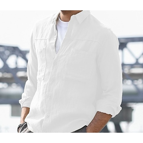 

Homme Chemise Lin Chemise Blanche manche longue Couleur unie Col rabattu Eté Extérieur Plein Air Vêtement Tenue Bouton bas