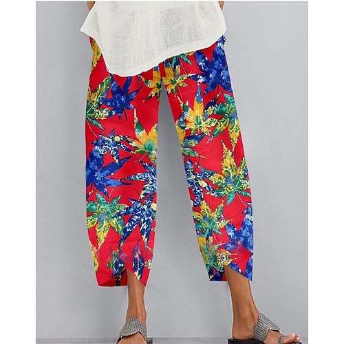 

Women's Chinos Pants Trousers Faux Linen Red Black Mid Waist Casual / Sporty Athleisure Casual Weekend Print Micro-elastic Ankle-Length Comfort Flower / Floral S M L XL XXL / Loose Fit