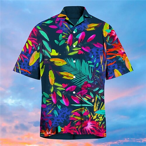 

Men's Shirt Print Leaves Turndown Street Casual Button-Down Print Short Sleeve Tops Casual Fashion Designer Hawaiian Navy Blue