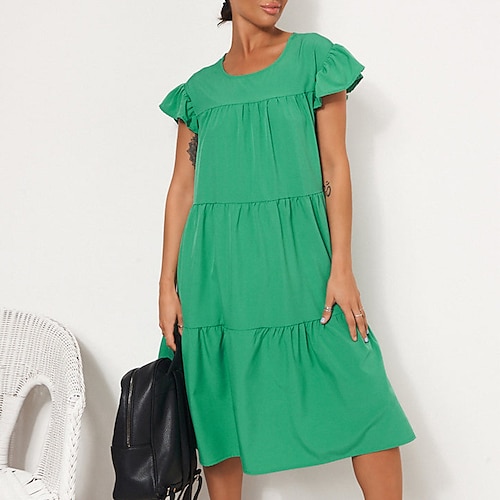 

Mulheres Vestido de turno Vestido Swing Vestido no Joelho Verde Branco Vermelho Bege Manga Curta Cor imaculada Frufru Primavera Verão Gola Redonda Casual Clássico Solto 2022 S M L XL