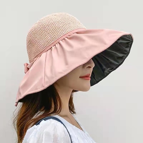 

Black Glue Sunscreen Hat Women's Beach Hat Sun Hat Summer Hollow Straw Hat Uv Big Brim Face Sun Black Glue