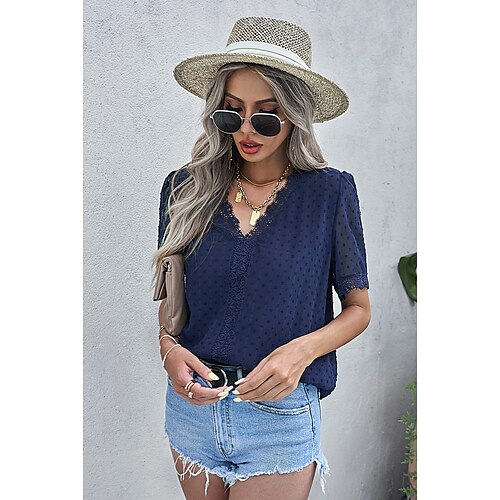 

Women's Blouse Shirt Green Blue Pink Plain Lace Trims Short Sleeve Daily Weekend Streetwear Casual V Neck Regular S