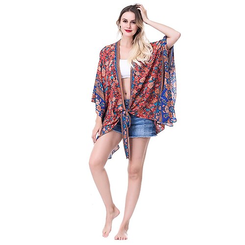 

Women's Casual Holiday Weekend Floral Blouse Shirt Floral 3/4 Length Sleeve Lace up Print V Neck Casual Beach Boho Tops Batwing Sleeve Loose Green Yellow Red One-Size / 3D Print